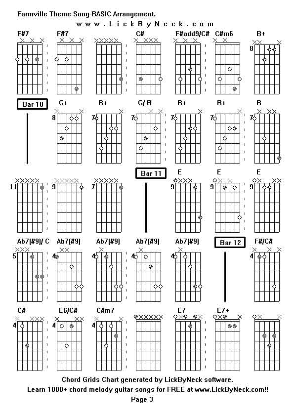 Chord Grids Chart of chord melody fingerstyle guitar song-Farmville Theme Song-BASIC Arrangement,generated by LickByNeck software.